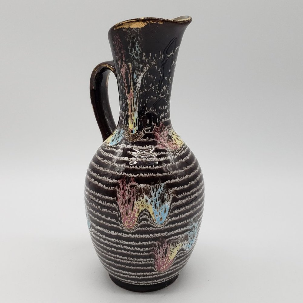 German Brown Gold Gilt White Pink Blue Yellow Ribbed Art Pottery Vase Pitcher